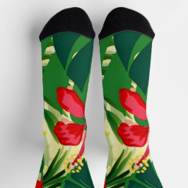 Calcetines Flores rojas tropicales y hojas impresas