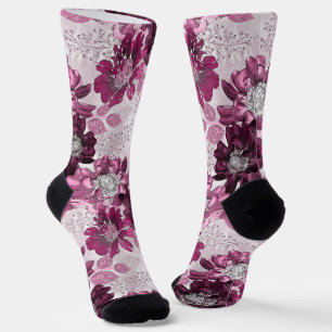 Calcetines Flores rosa y burdeos sobre rosa polvoriento