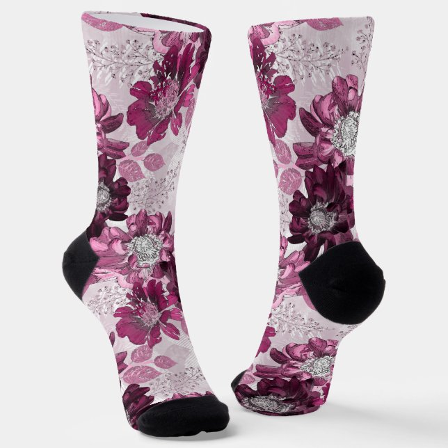 Calcetines Flores rosa y burdeos sobre rosa polvoriento (Angular)