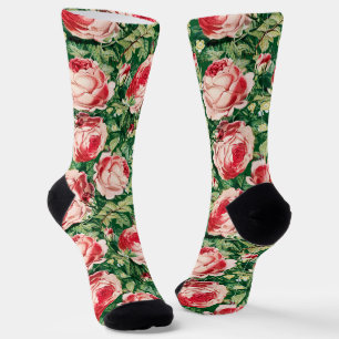 Calcetines Flores rosa y rosa roja y hojas verdes