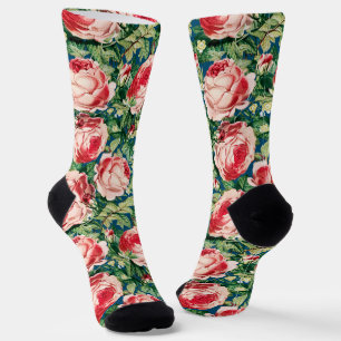 Calcetines Flores rosa y rosa roja y hojas verdes