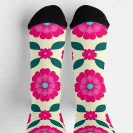Calcetines Flores rosadas con centros azules y hojas verdes