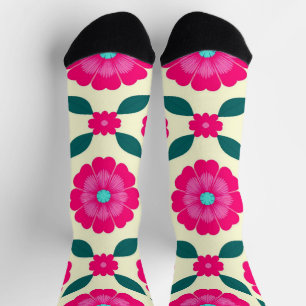 Calcetines Flores rosadas con centros azules y hojas verdes