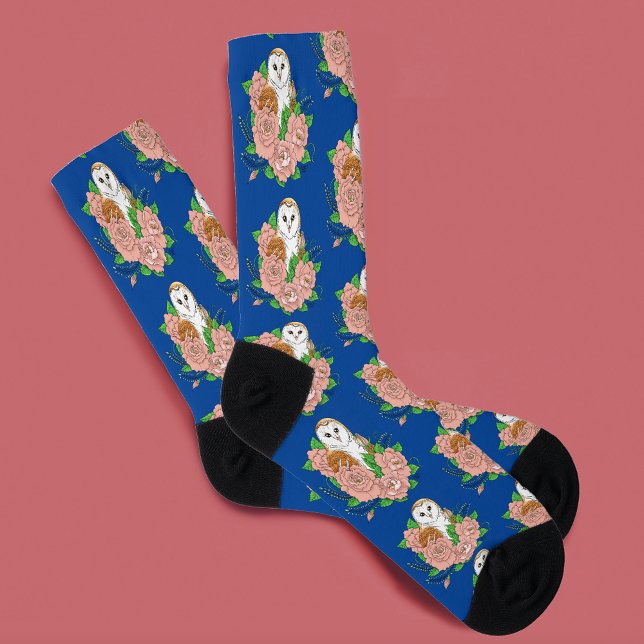 Calcetines Flores rosadas de búho barn azul (Subido por el creador)