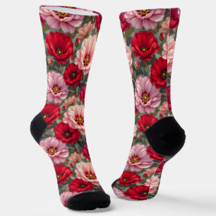 Calcetines Flores rosadas, rojas y malvas