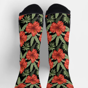 Calcetines Flores tropicales rojas patrón de hojas verdes sin