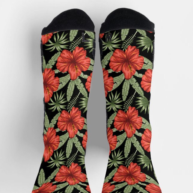 Calcetines Flores tropicales rojas patrón de hojas verdes sin (Arriba)