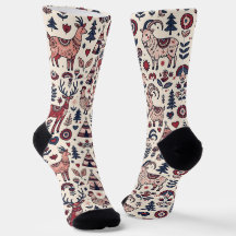 Folk Art Nordic Forest Deer Hen Goat Socks