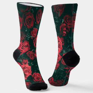 Calcetines Fondo con patrón floral de rosas rojas oscuras y m