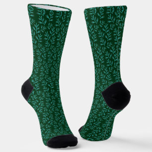 Calcetines Fondo verde oscuro con hojas botánicas teal