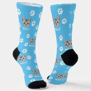 Calcetines Foto de gato personalizada con nombre y azul