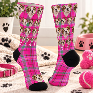 Calcetines Foto de mascota personalizada en cuadros rosa cali