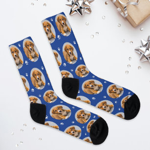 Calcetines Foto de perro personalizado Papel azul real