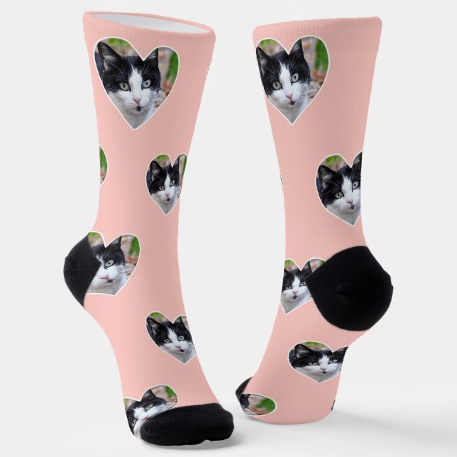 Calcetines Foto de un gato personalizado de Tuxedo en rosa cl (Angular)