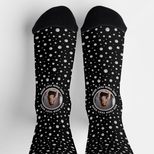 Calcetines Foto personalizada con círculo de perlas sobre neg (Arriba)