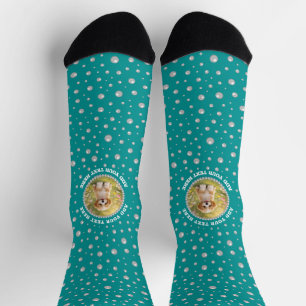 Calcetines Foto personalizada en círculo de perlas sobre cian