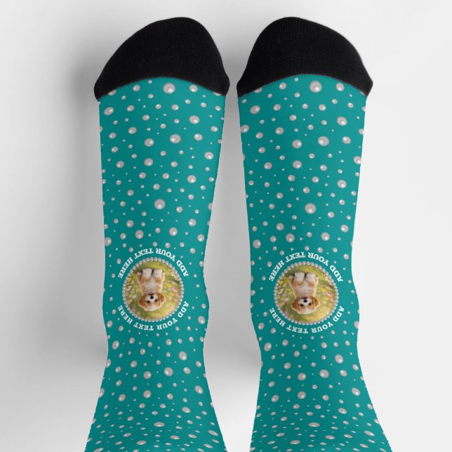 Calcetines Foto personalizada en círculo de perlas sobre cian (Arriba)
