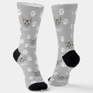 Calcetines Foto y nombre de gato personalizado gris