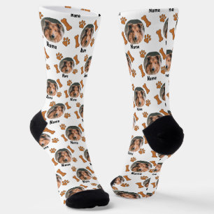 Calcetines Foto y nombre de perro, con huellas de huesos y pi