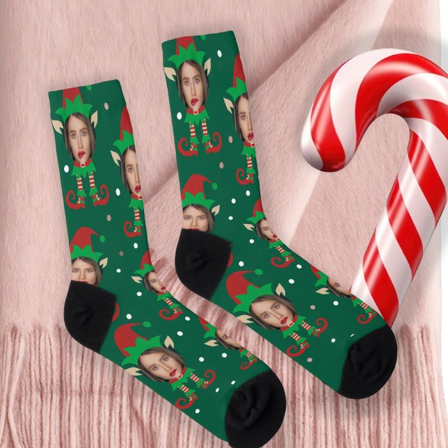 Calcetines Fotografía Collage Cara Divertida Elfo de Navidad (Photo Collage Funny Face Christmas Elf Socks by Ricaso. Add your own face, female elf outfit. )