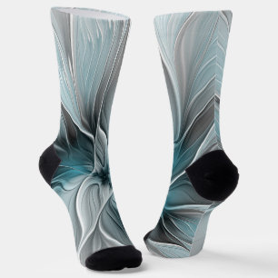 Calcetines Fractal floral moderno abstracto flor azul gris