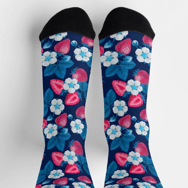 Calcetines Fresas rosadas sobre azul (Arriba)