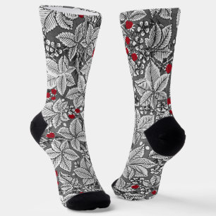 Calcetines Fresas y Hojas Art Nouveau, Gris Plateado