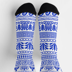 Calcetines Fret griego, patrón mediterráneo, azul