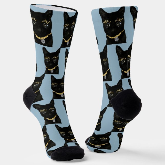 Calcetines Fun Black Cat Photo Personalizado Dusty Blue (Angular)
