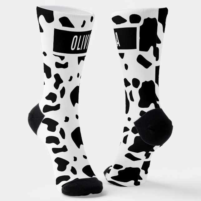 Calcetines Fun Custom Name Holstein Cow Animal Print Pattern (Angular)