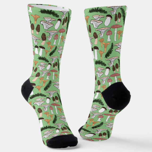 Calcetines Fun Fungi Mushroom Fern Pattern Forjear Verde (Angular)
