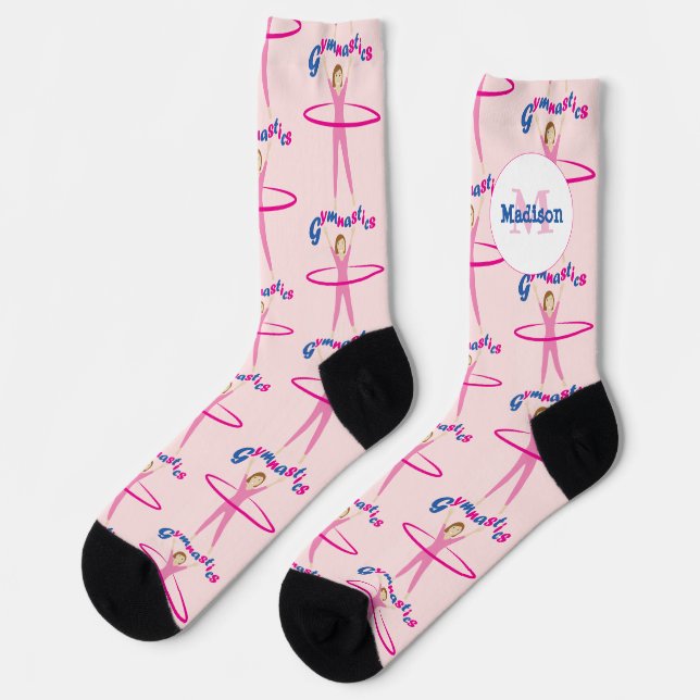 Calcetines Fun Gymnastics text Pink hula hoop girl Monogram (Izquierda)
