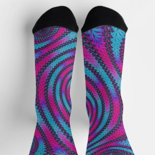 Calcetines Funky Neon Vibrant Magenta y Cyan Spiral Fractal