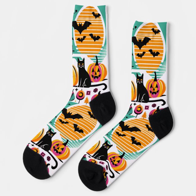 Calcetines Funky Retro Wave Halloween Pumpkin Black Cat Ghost (Izquierda)