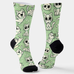 Calcetines Funny Cat Pattern Socks - Verde claro y blanco