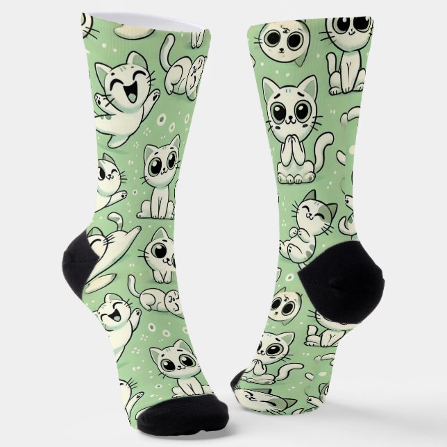 Calcetines Funny Cat Pattern Socks - Verde claro y blanco (Angular)