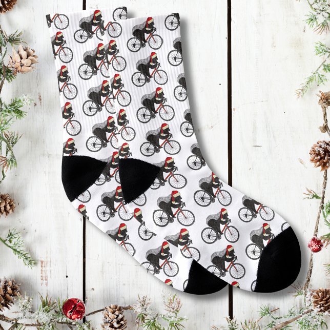 Calcetines Funny Honey Badger Santa Bicycle (Christmas honey badger on a bicycle wearing a santa hat pattern cyclist holiday socks)