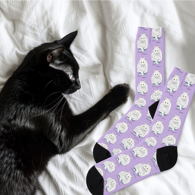 Calcetines Funny morado del gato blanco del libro (Subido por el creador)