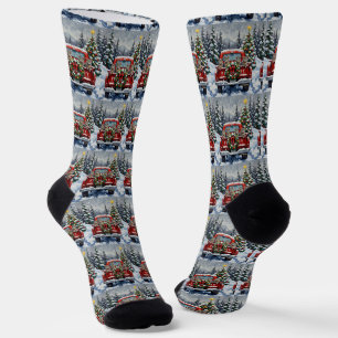 Calcetines Gato Azul Ruso Navidad Camión Rojo Fiesta