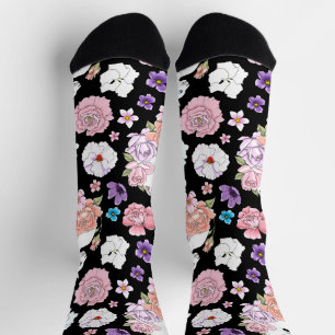 Calcetines Gato Blanco Floral Pastel Botánico Romántico Negro