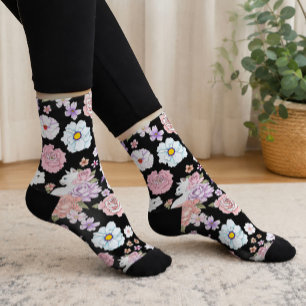 Calcetines Gato Blanco Floral Pastel Botánico Romántico Negro