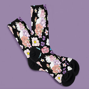 Calcetines Gato Blanco Floral Pastel Botánico Romántico Negro