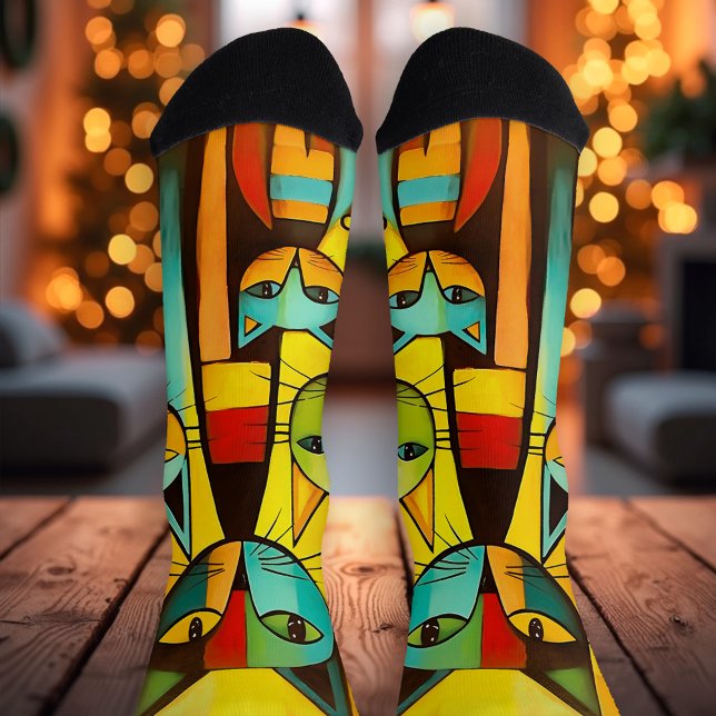 Calcetines Gato de arte caprichoso y colorido (Artistic socks featuring a fun colorful painting with cute cats. Nice surprise for Christmas)