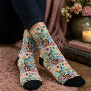 Calcetines Gato Hada Tabby Pastel Caprichoso Fantasía Floral