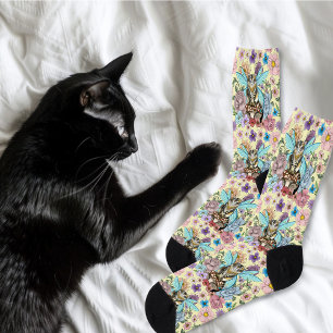 Calcetines Gato Hada Tabby Pastel Caprichoso Fantasía Floral 