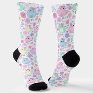 Calcetines Gato Kawaii y patrón floral Pastel