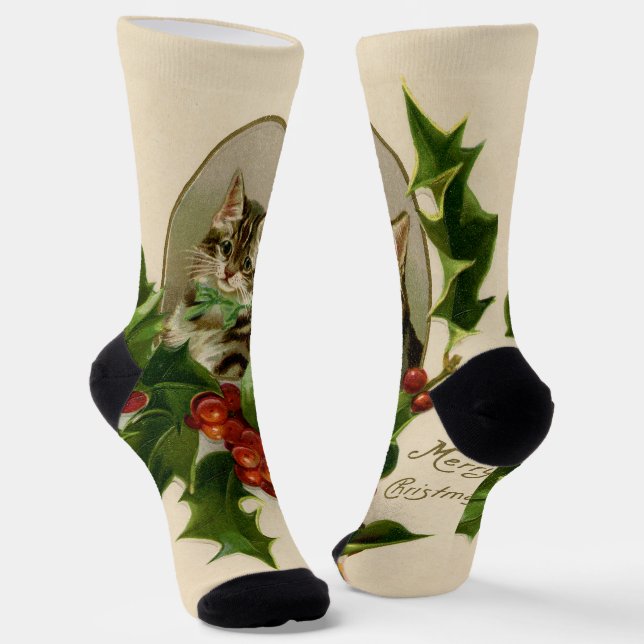 Calcetines Gato Navidades Merry Holly Kitten Arte Antiguo (Angular)