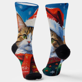 Calcetines Gato Navideño Festivo con Gorro de Santa