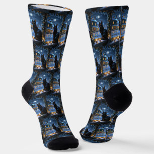 Calcetines Gato negro con vacaciones de luces Navidades