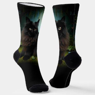 Calcetines Gato negro esponjoso en los bosques misosos